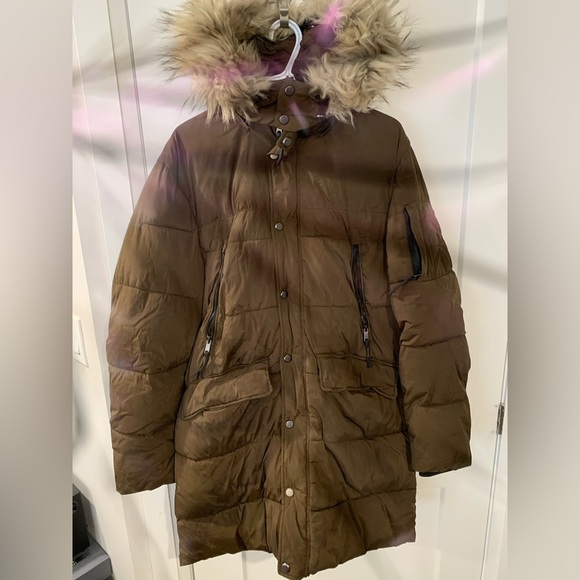 Zara Trafaluc Parka Coat Brown Fur Hood - Picture 1 of 9